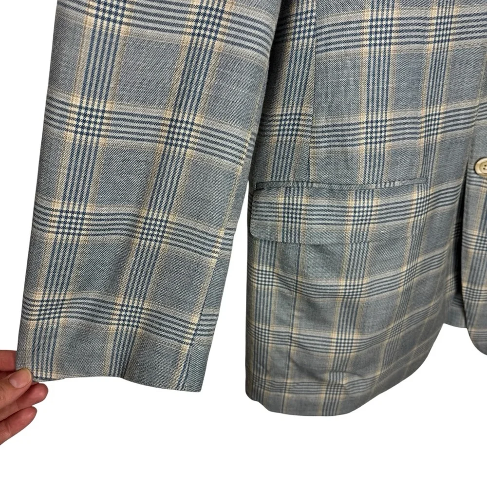 George Bass Ermenegildo Zegna Silk & Linen Blue Gray Plaid Blazer 45R‎